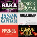 A collection of six unique font designs, each with distinct styling and thematic elements, displayed in a grid format.