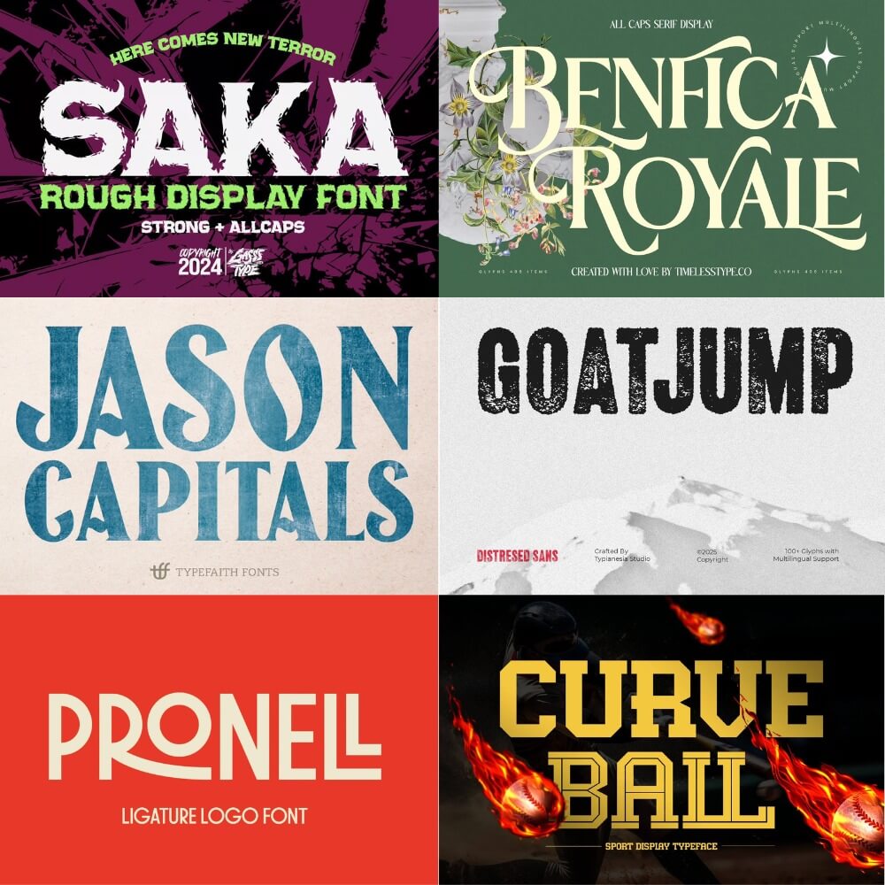 A collection of six unique font designs, each with distinct styling and thematic elements, displayed in a grid format.