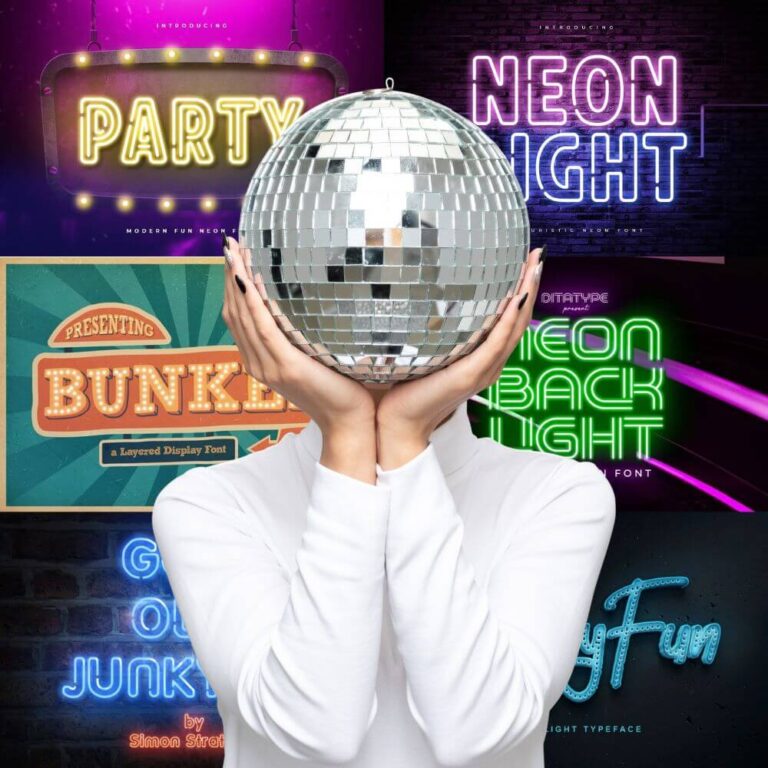 A person holds a disco ball, surrounded by colorful neon signs displaying various typography styles and vibrant party-themed designs.