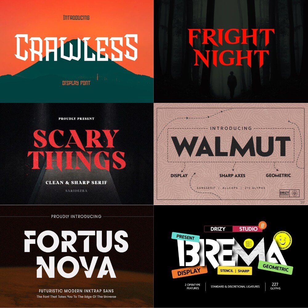Collage of six bold font advertisements: "Crawless," "Fright Night," "Scary Things," "Walnut," "Fortus Nova," and "Brema," showcasing various styles and themes.
