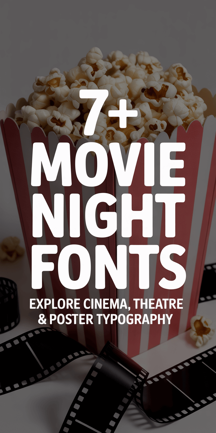 A red and white popcorn box with filmstrip, promoting movie night fonts for cinema and theater poster typography exploration.