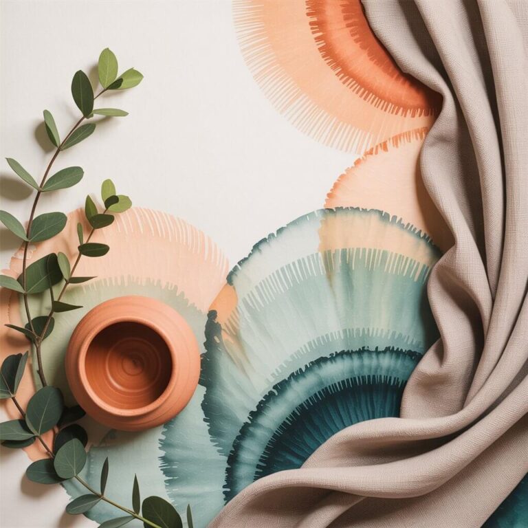 Abstract artwork with concentric circles in pastel colors, accompanied by a eucalyptus branch, terracotta cup, and draped beige fabric. Minimalist aesthetic.