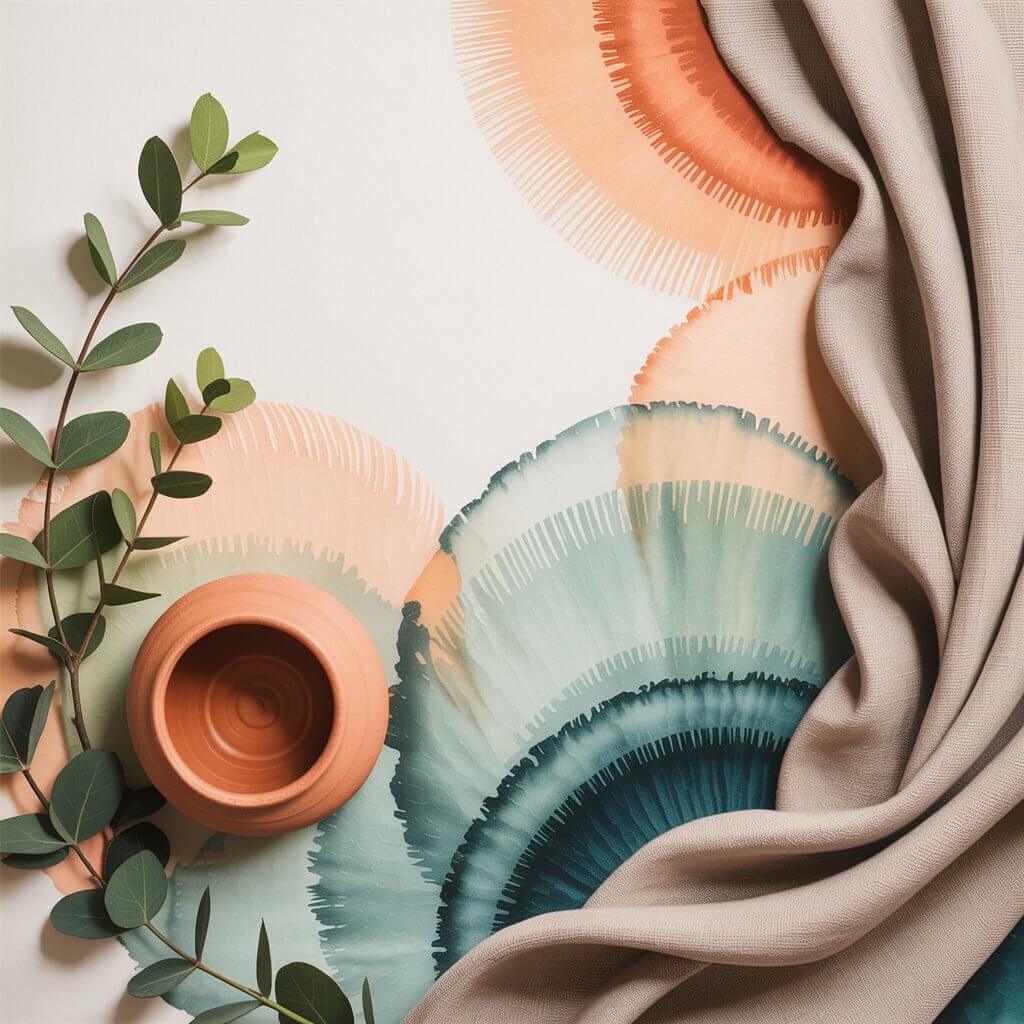 Abstract artwork with concentric circles in pastel colors, accompanied by a eucalyptus branch, terracotta cup, and draped beige fabric. Minimalist aesthetic.
