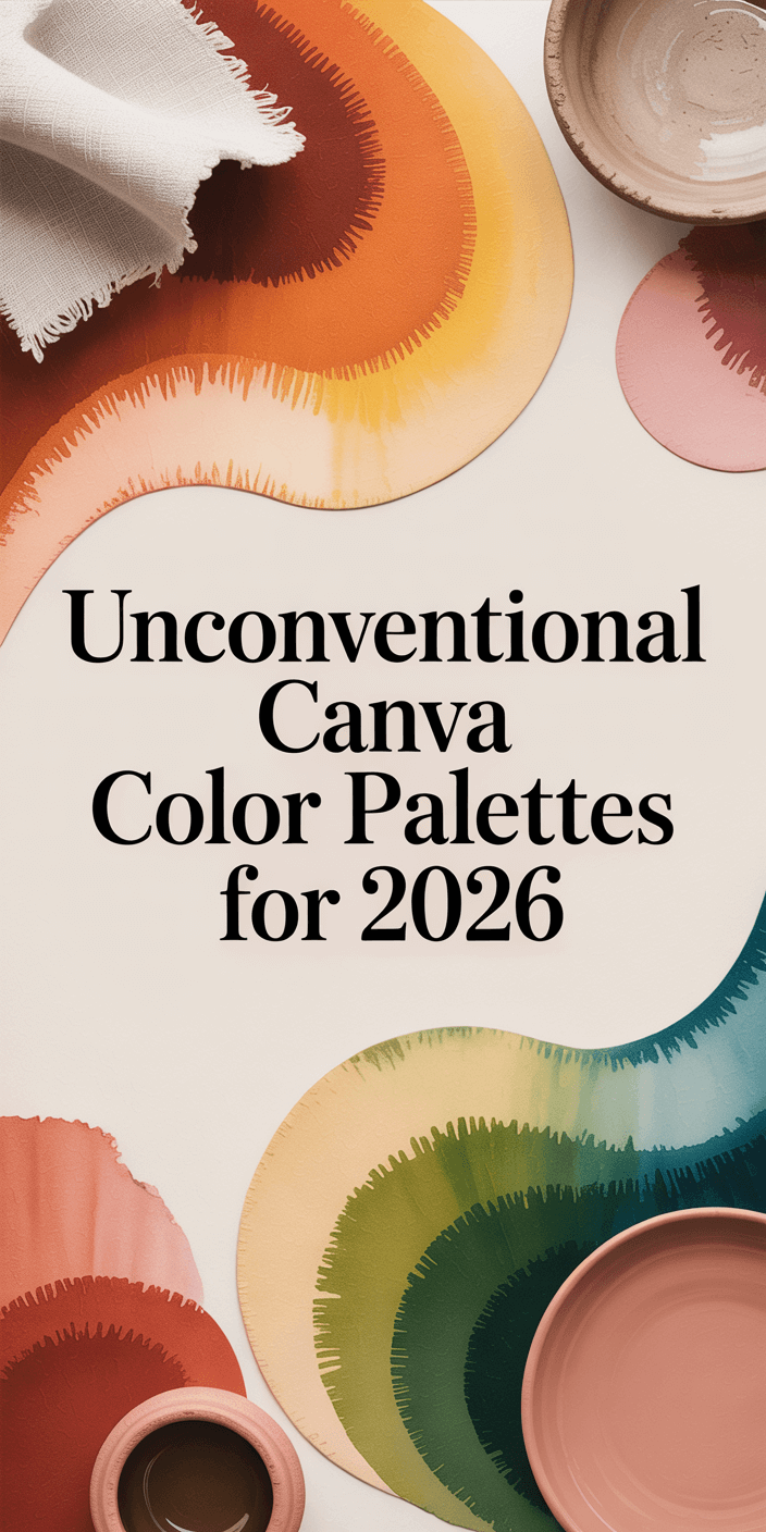 Unconventional Canva Color Palettes for 2026 2 Artistic color palette swatches with text "Unconventional Canva Color Palettes for 2026." Includes fabric and ceramic bowls in warm, earthy tones.
