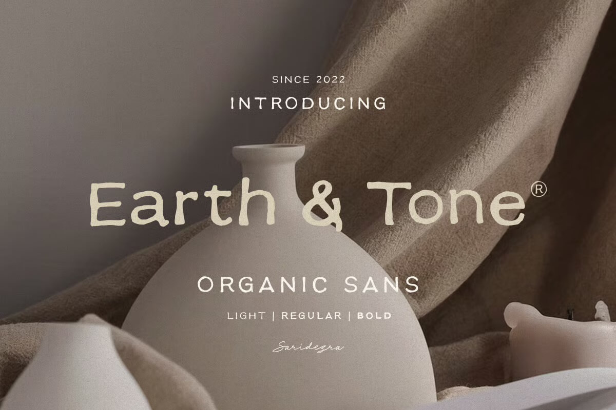 Text promoting the "Earth & Tone" font, featuring neutral beige tones with ceramic vases. Font styles include Light, Regular, and Bold.