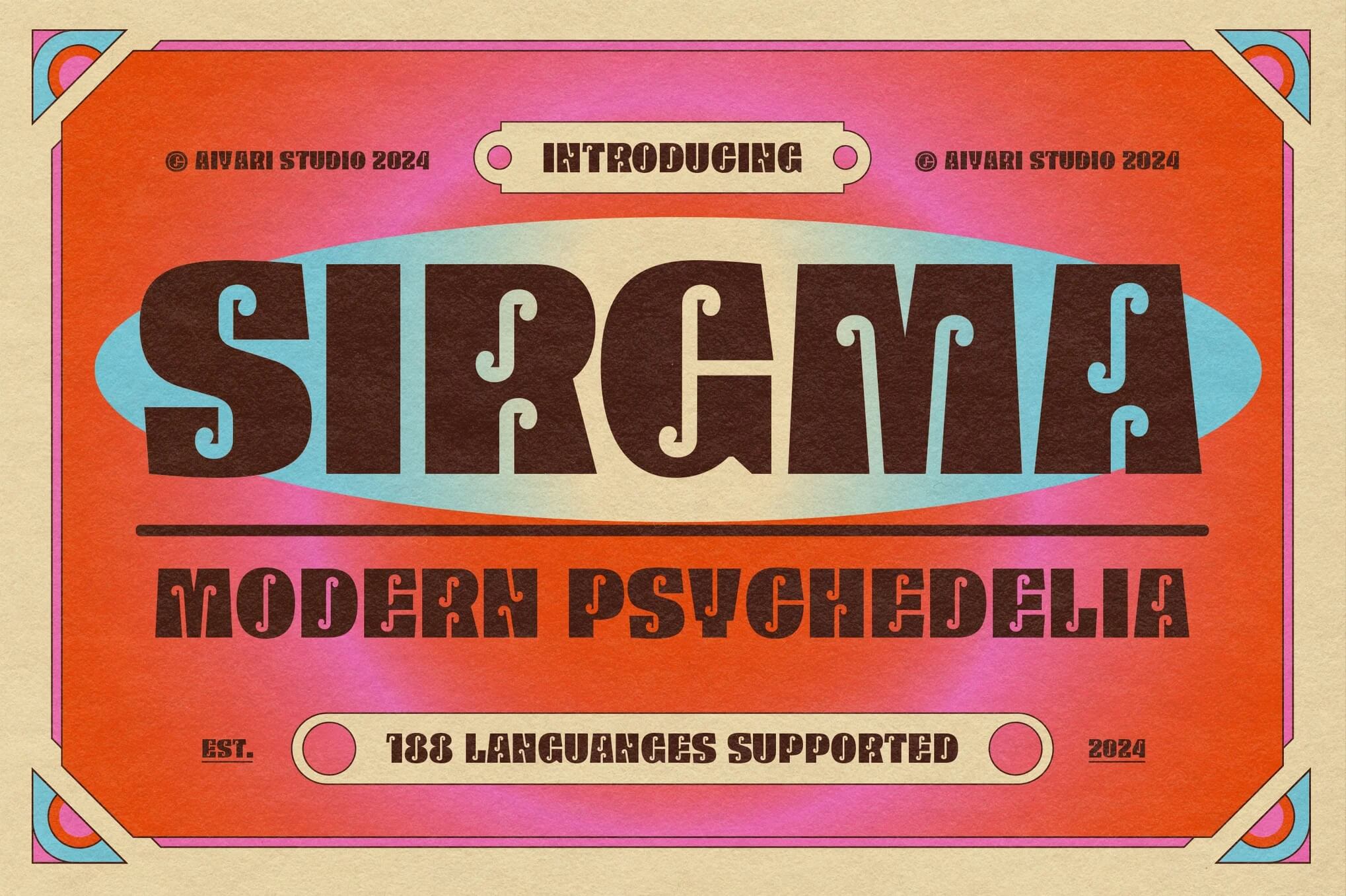 Psychedelic-themed typography poster by Aivari Studio, titled "Sircma." Features vibrant colors, retro design, and supports 133 languages, established in 2024.