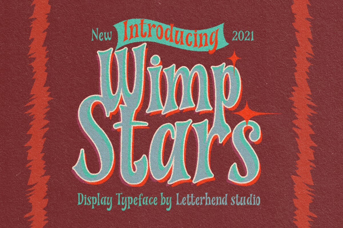 Colorful typography design reads, "Introducing Wimp Stars" with stylized text and decorative stars on a textured background, by Letterhend Studio, 2021.