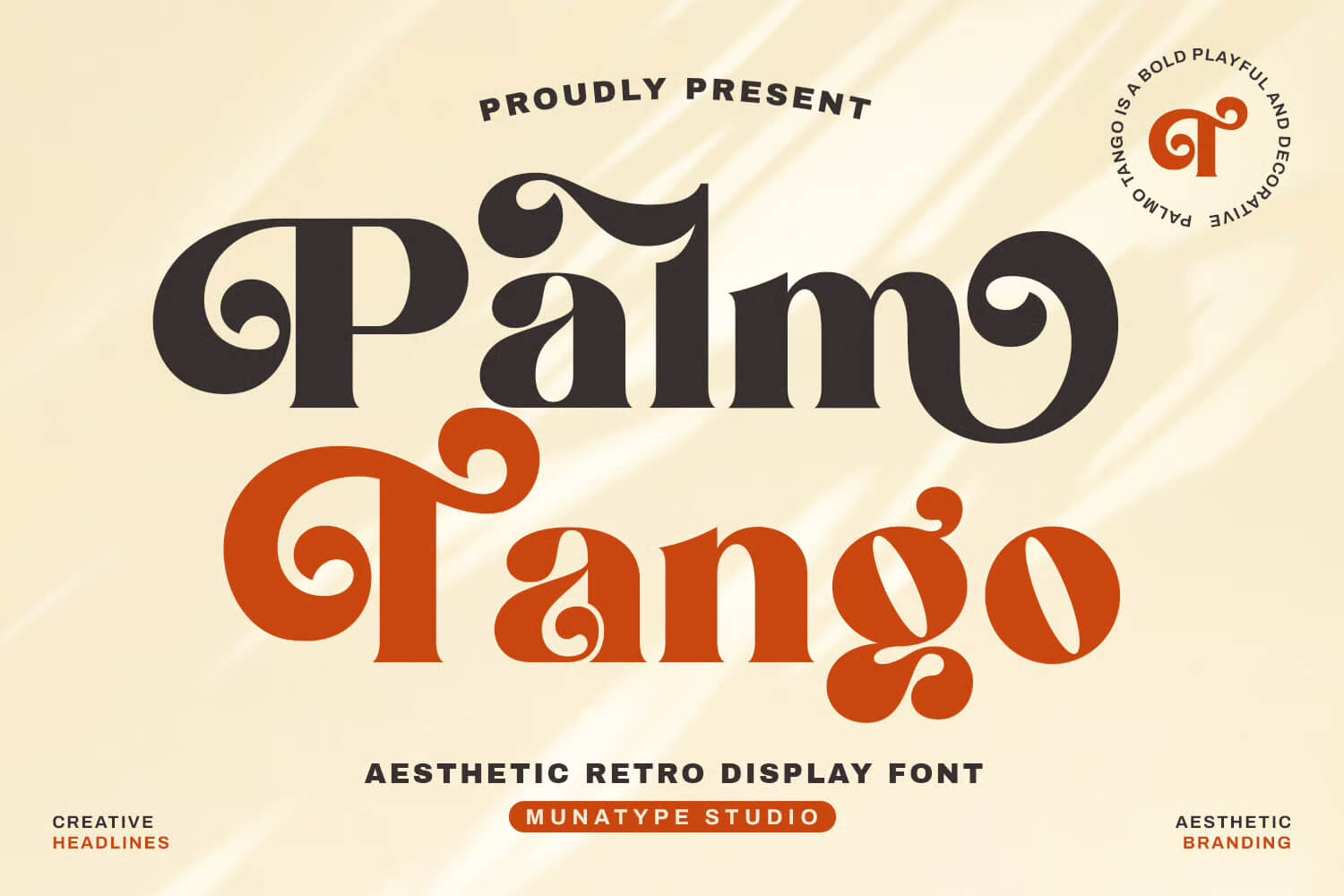 Retro display font advertisement titled "Palmo Tango" with bold, playful design by Munatype Studio on a beige background.