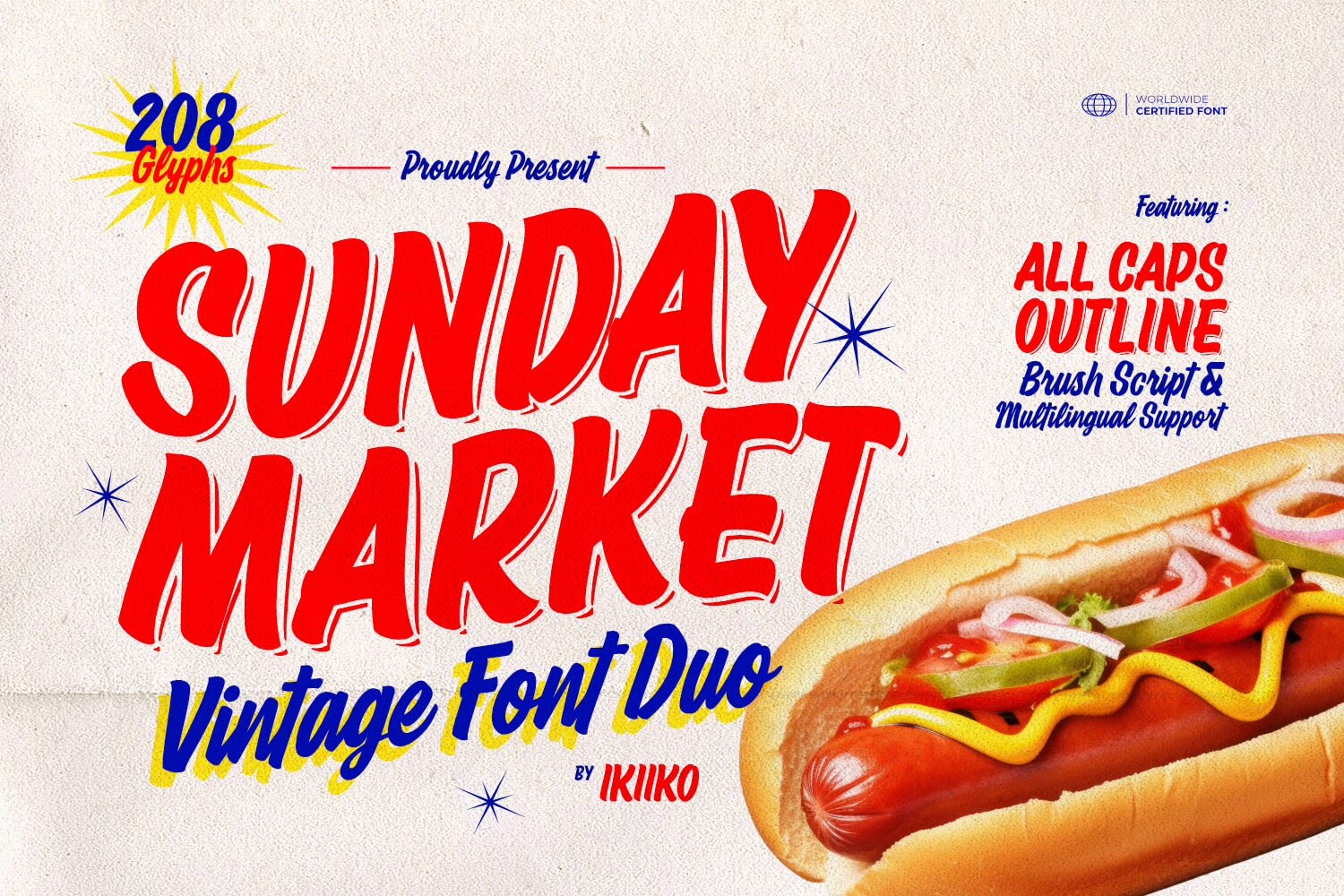 Bold "Sunday Market" text with vintage font design. Features a hotdog illustration. Highlights include 208 glyphs, all caps, and multilingual support.