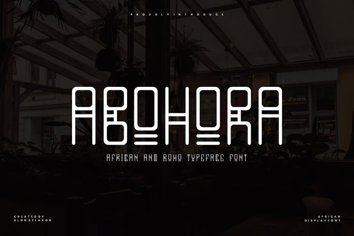 Promotional image showcasing "ABOHORA," an African and Boho-inspired typeface font, against a subtle indoor plant and wooden structure background.