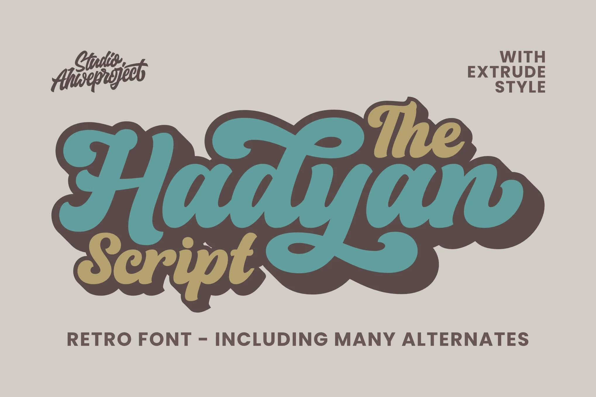 Bold, retro-style typography design featuring "The Hadyan Script" in vibrant colors, highlighting its extrude style and multiple alternates.