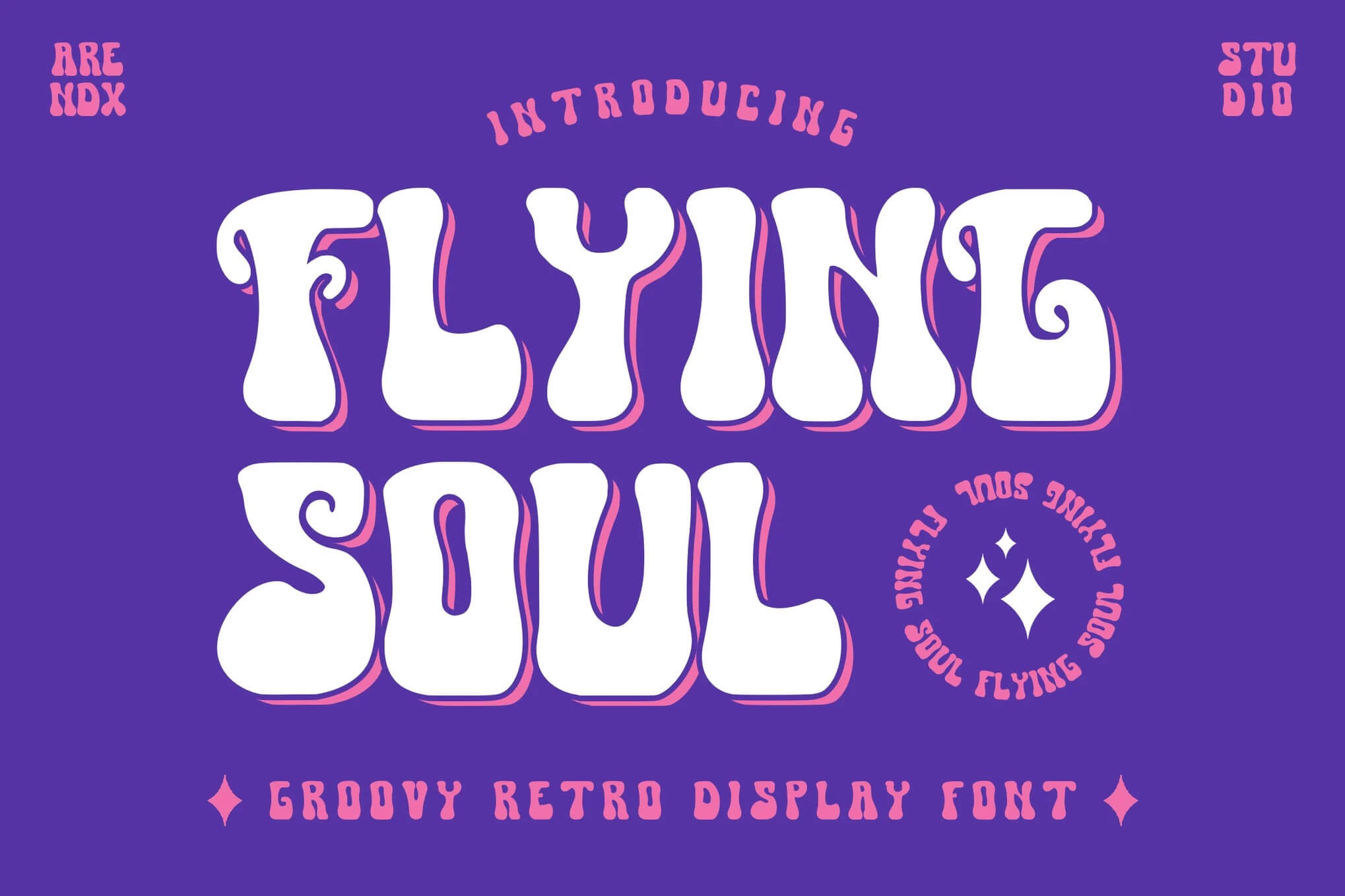 Purple background features "Flying Soul" text in a groovy, retro font style with pink accents and decorative elements.