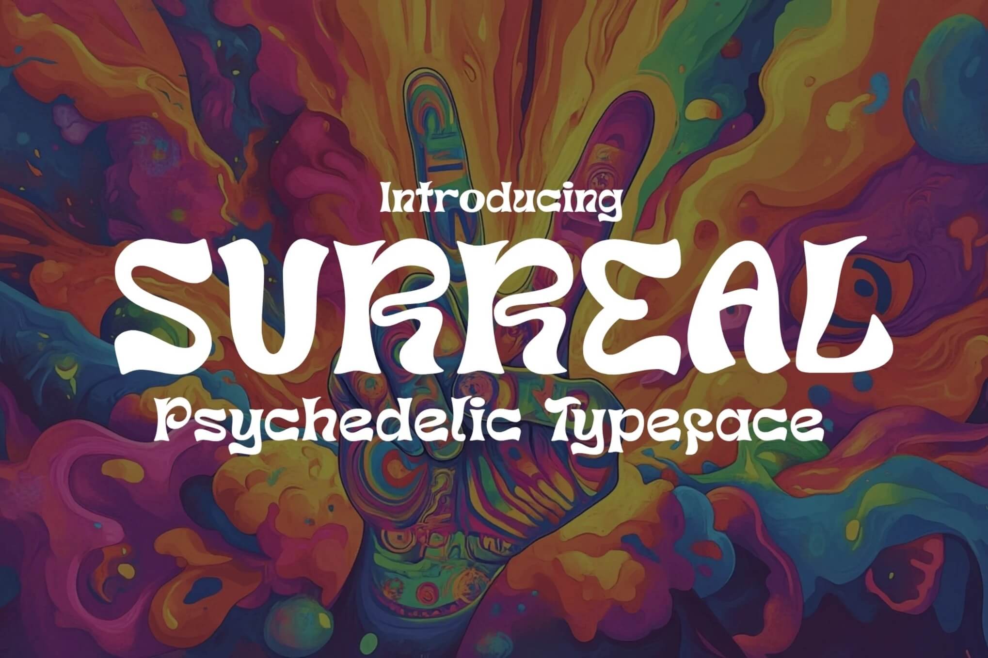 Vibrant, colorful psychedelic background featuring bold, white text that reads “Introducing Surreal Psychedelic Typeface,” with swirling, abstract patterns throughout.
