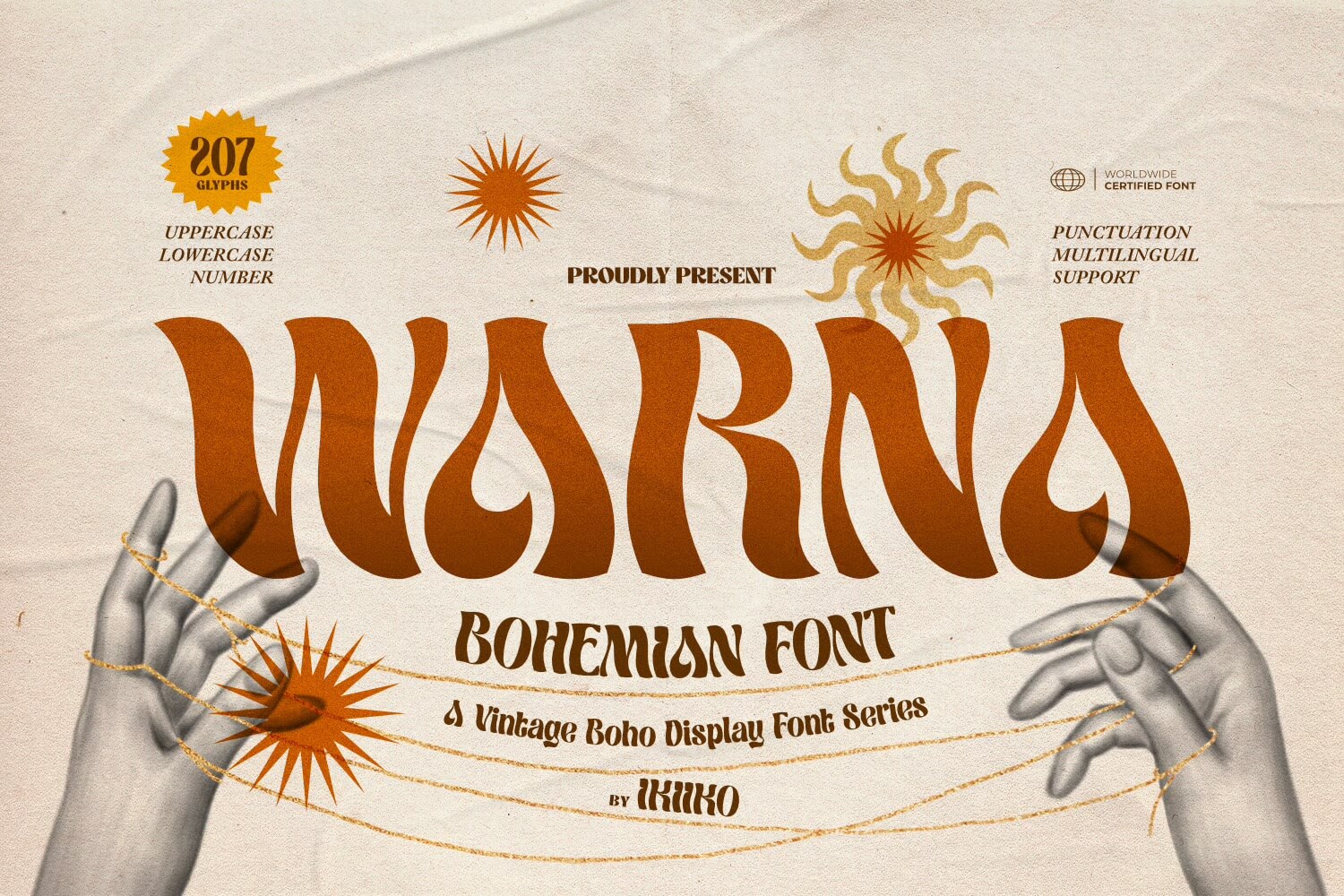 Vintage-style typography poster featuring the "Warna" bohemian font with decorative elements, including illustrated hands and sun motifs, offering multilingual support.