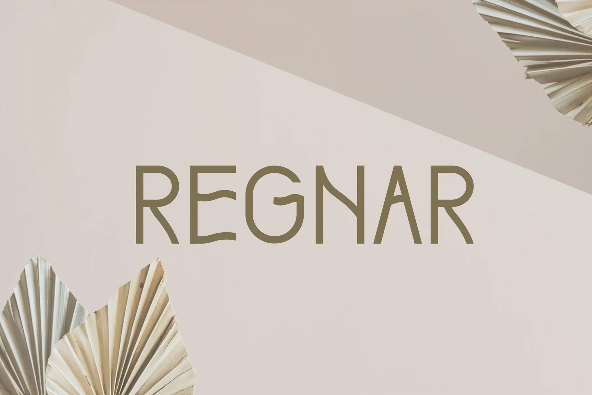 Stylized graphic with the word "REGNAR" in bold letters. Beige background with geometric decorative elements resembling folded fans on the sides.