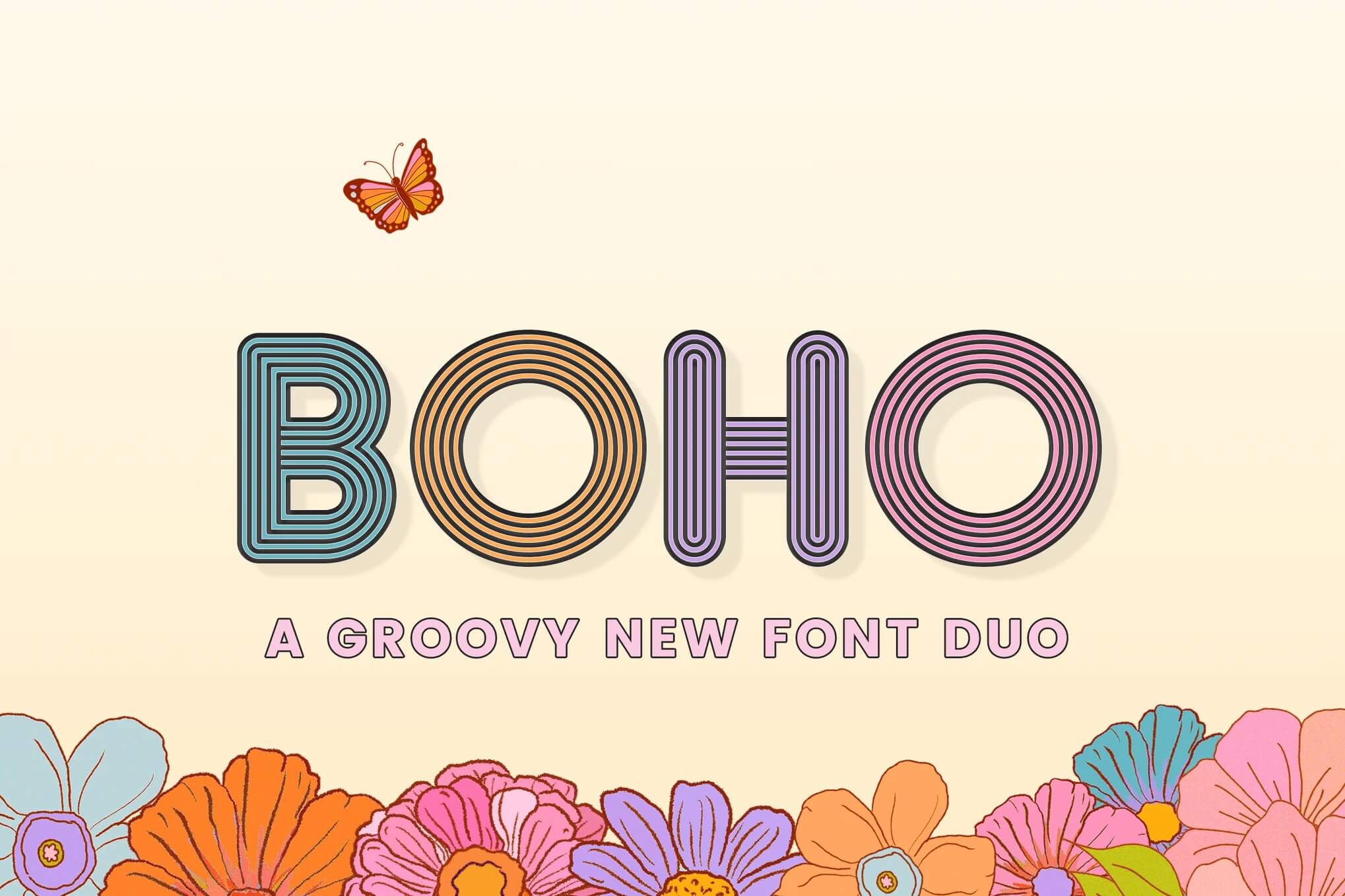Colorful "BOHO" text with striped letters, butterfly above. Below, vibrant flowers in various colors. Text reads "A Groovy New Font Duo."