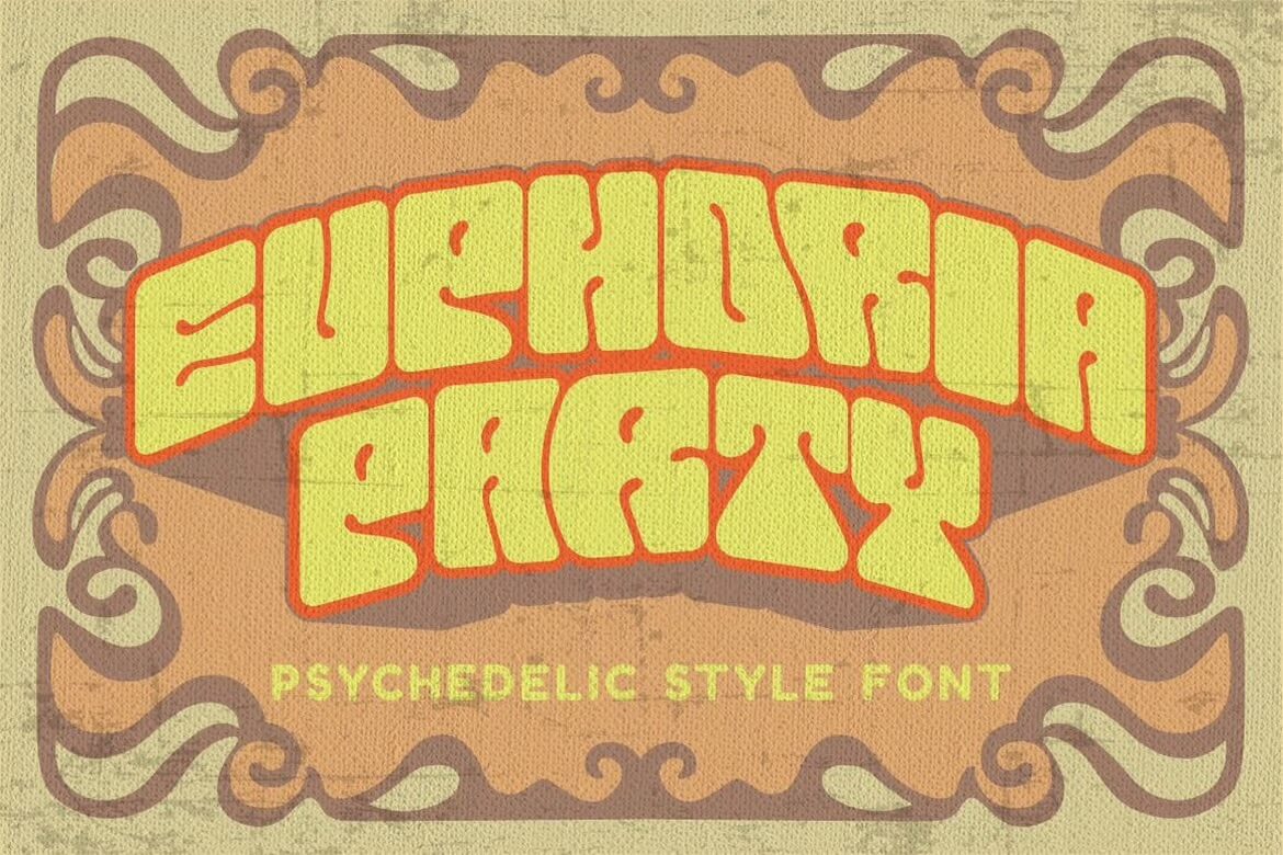 Psychedelic "Euphoria Party" lettering in bold, retro style with decorative swirls, set against a textured, vintage background.