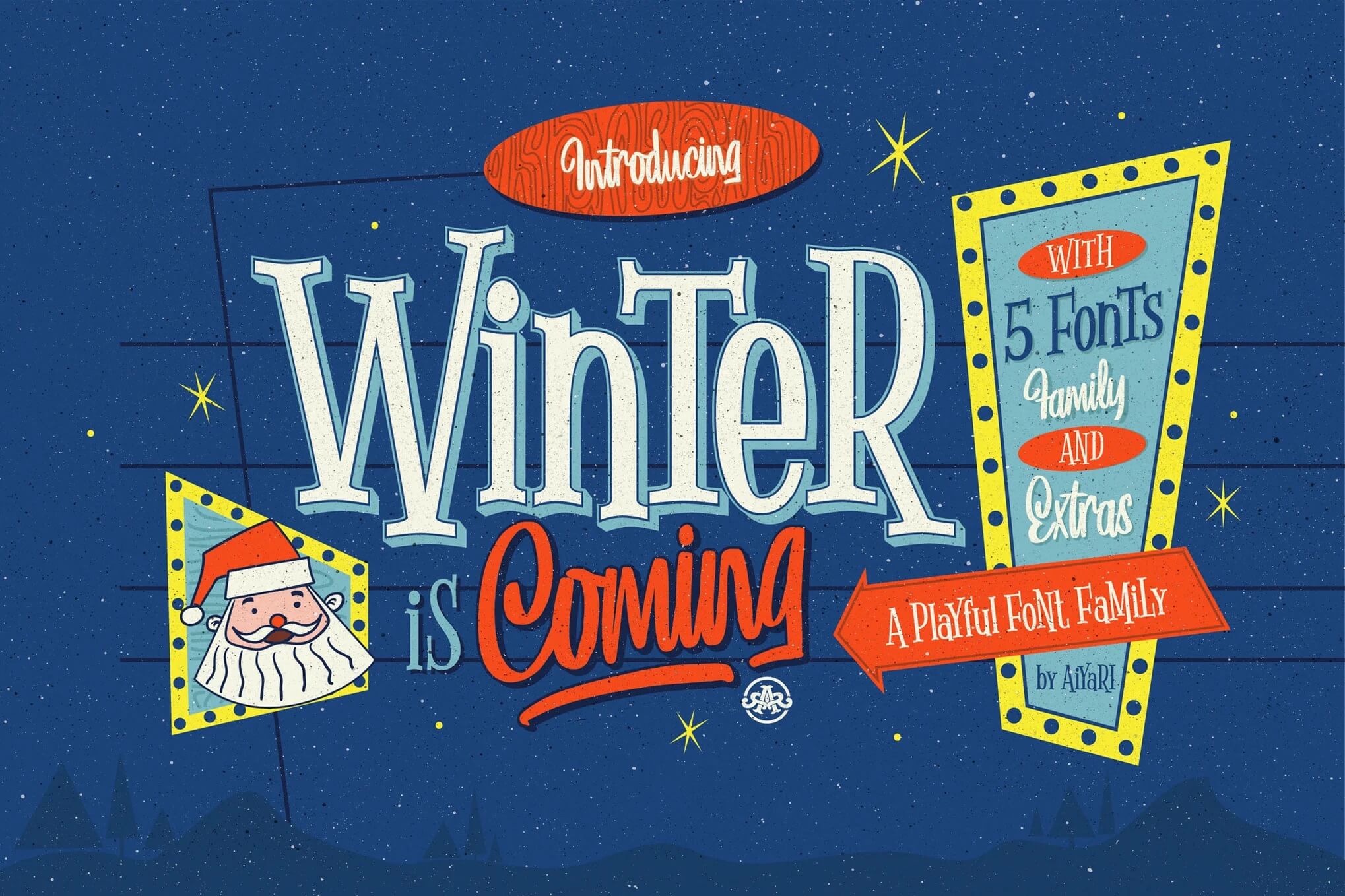 Playful winter-themed graphic with Santa, stars, and mountains, announcing a font family with five styles and extras. Bright and festive design.