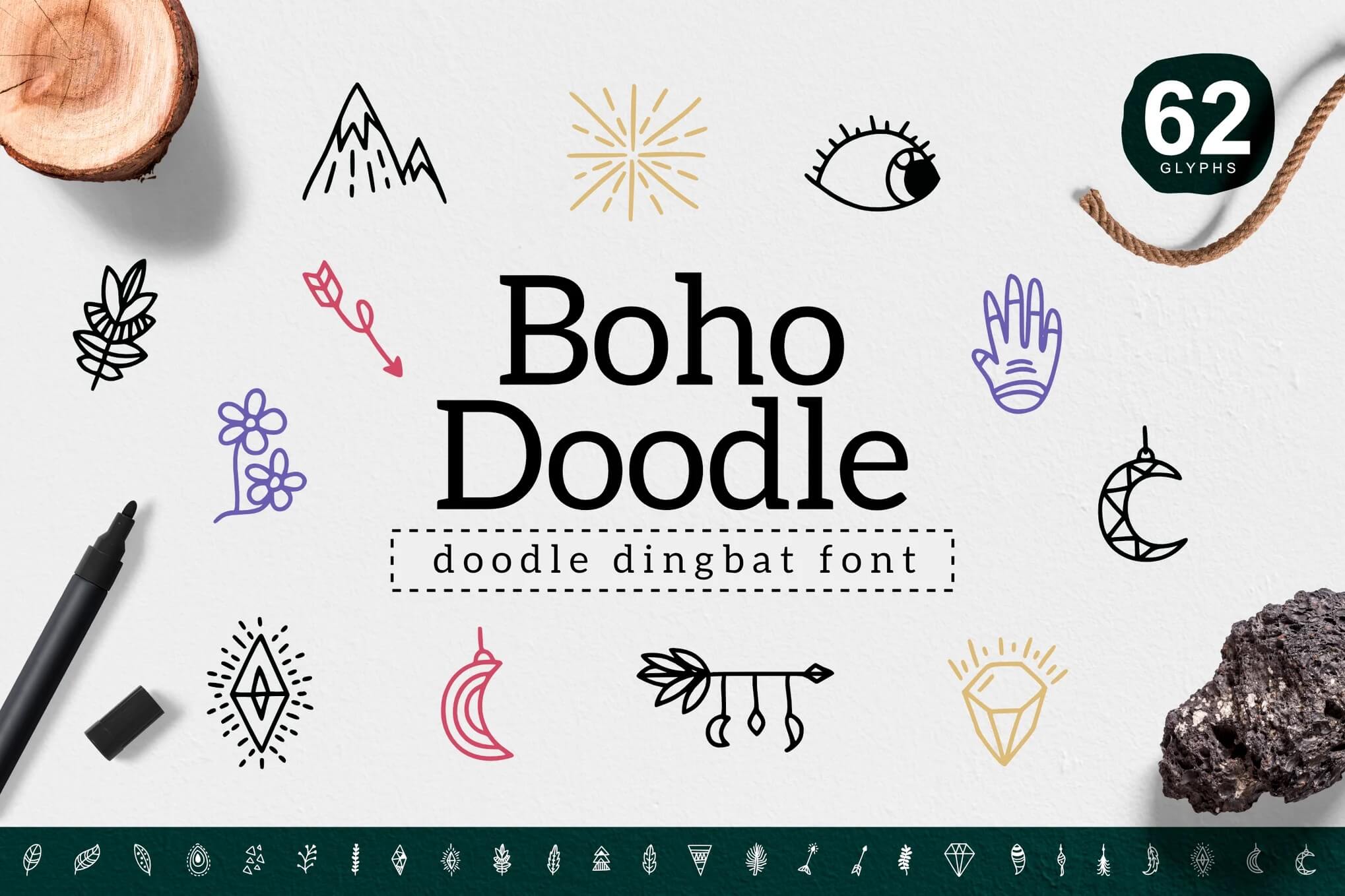 Artistic composition showcasing "Boho Doodle" font with various doodles like mountains, eyes, flowers, and arrows. Includes a marker, wood, and stone.