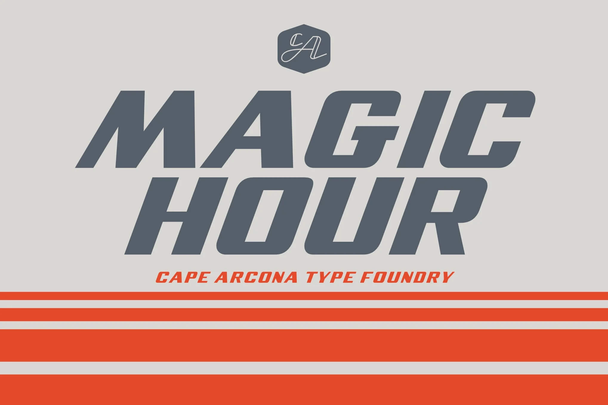 Text reads "Magic Hour Cape Arcona Type Foundry" in bold, stylized font, with red stripes below on a light background.