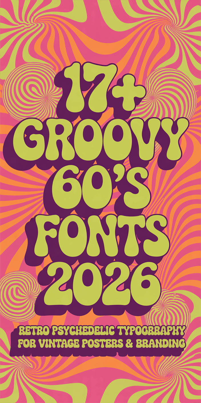 Psychedelic poster featuring colorful, swirling patterns with bold text: "17+ Groovy 60s Fonts 2026" and "Retro Psychedelic Typography for Vintage Posters & Branding."
