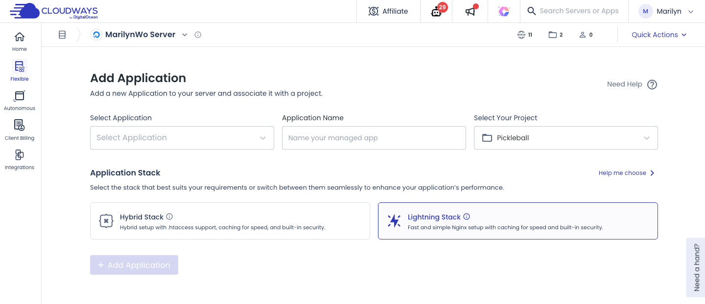 Start a Blog in 2026: A Beginner's Guide to Your WordPress Blog 9 Screenshot of the Cloudways platform, showing the "Add Application" section with options for selecting application type and stack.
