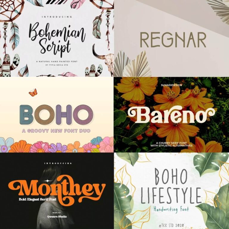 A collage of six colorful font designs featuring floral and leaf motifs, showcasing various styles such as Bohemian Script, Regnar, and Bareno.