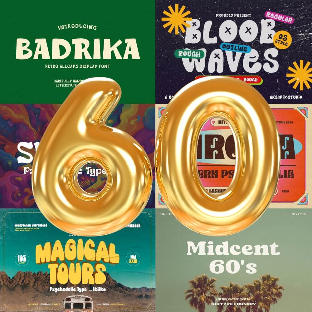 A retro-themed collage featuring large gold "60" with colorful, psychedelic fonts and designs, celebrating the 1960s aesthetic and style.