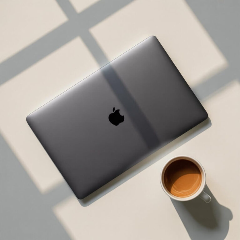 A laptop with an Apple logo sits on a sunlit table beside a mug of coffee, casting soft shadows.