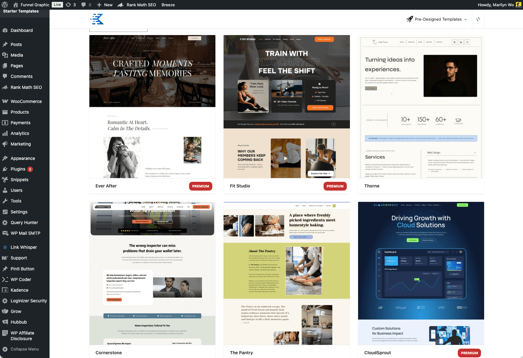 Start a Blog in 2026: A Beginner's Guide to Your WordPress Blog 15 The image shows a WordPress dashboard with various website templates, including "Ever After," "Fit Studio," and "CloudSprout," some labeled as premium.