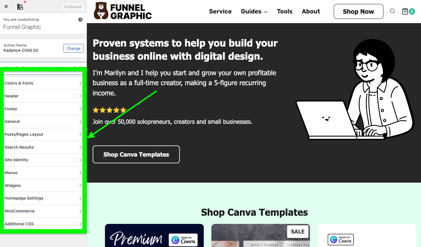 Start a Blog in 2026: A Beginner's Guide to Your WordPress Blog 10 A website screenshot features a digital design service ad, website navigation menu, and illustration of person using laptop, promoting Canva templates.