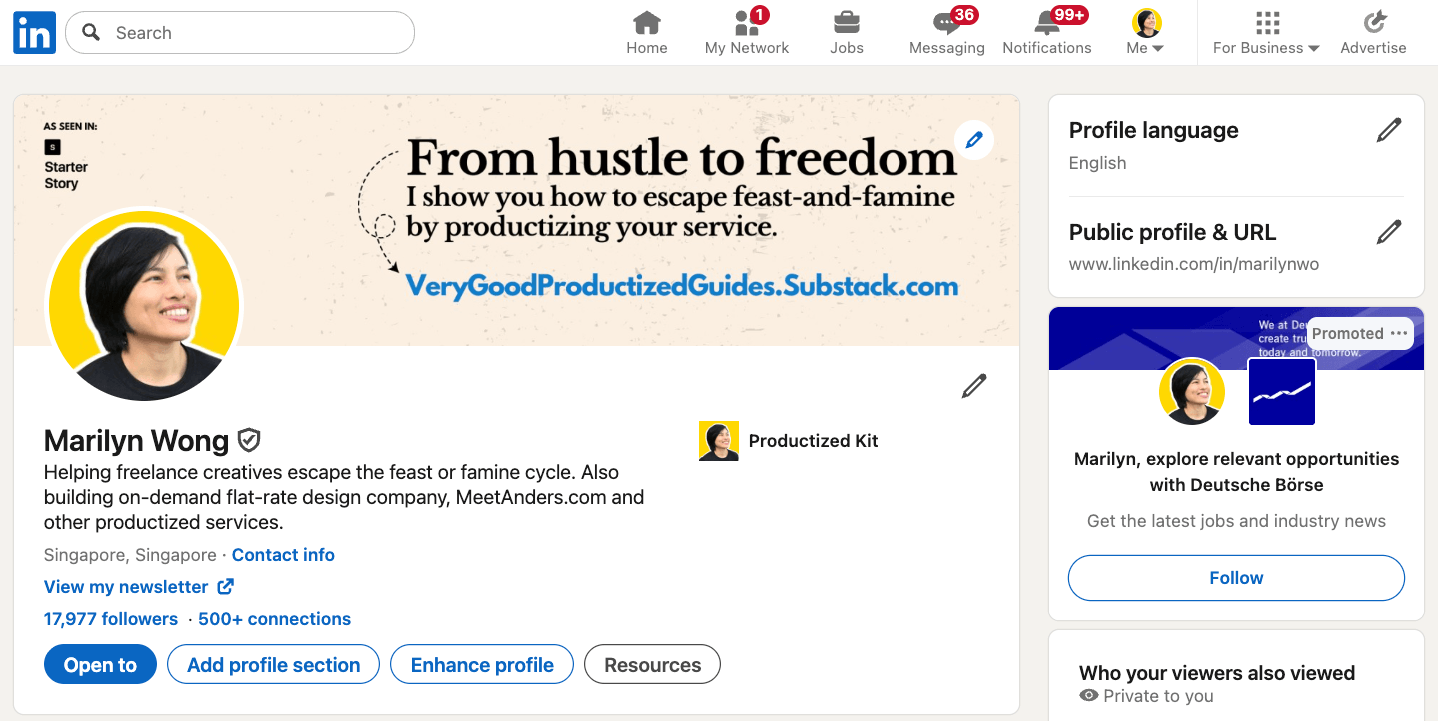 Start a Blog in 2026: A Beginner's Guide to Your WordPress Blog 20 This image shows a LinkedIn profile for "Marilyn Wong" with details about freelance creative services and a promoted opportunity with Deutsche Börse.