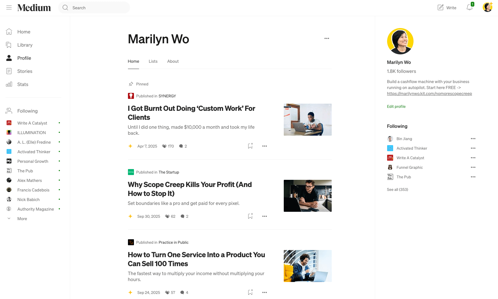 Start a Blog in 2026: A Beginner's Guide to Your WordPress Blog 19 Medium user profile page of Marilyn Wo, featuring articles about business strategies. Includes follower count, article details, and suggested follows.