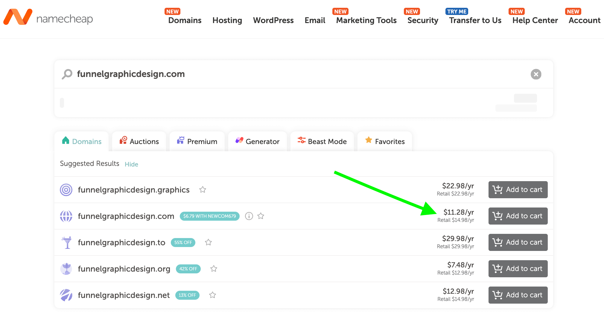Start a Blog in 2026: A Beginner's Guide to Your WordPress Blog 5 A domain search on Namecheap shows results for "funnelgraphicdesign" with pricing and discounts. An arrow highlights funnelgraphicdesign.com at $11.28/year.