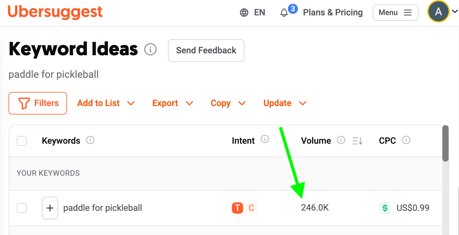 Start a Blog in 2026: A Beginner's Guide to Your WordPress Blog 4 Ubersuggest keyword tool screenshot showing "paddle for pickleball." It displays search intent, volume of 246K, and CPC of $0.99.