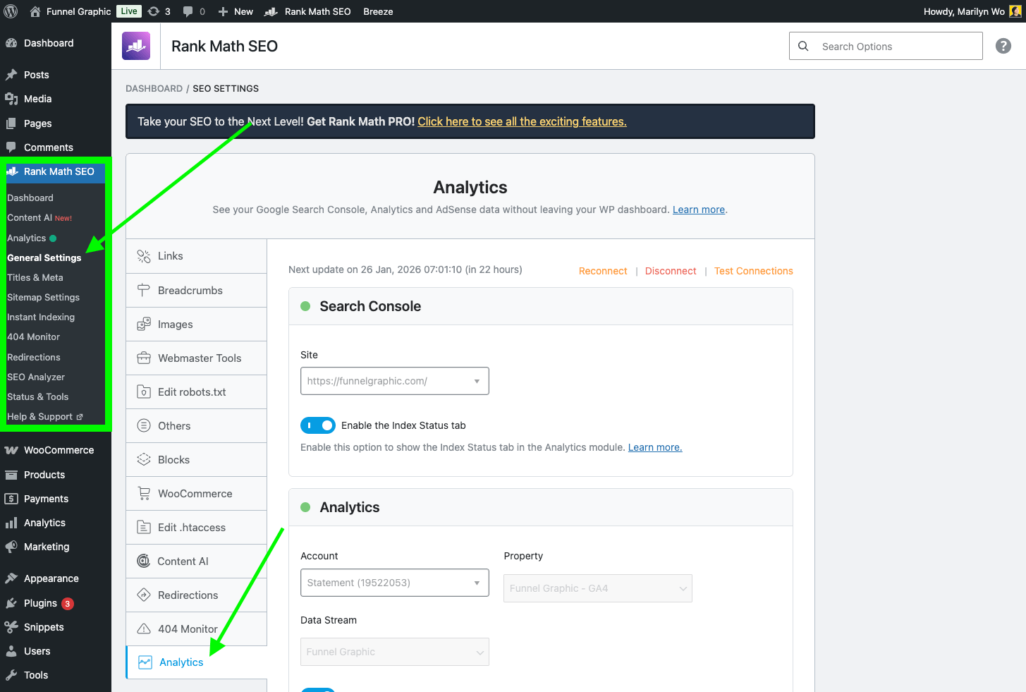 Start a Blog in 2026: A Beginner's Guide to Your WordPress Blog 13 The image shows the Rank Math SEO dashboard displaying analytics settings and general options for a website on a WordPress platform.