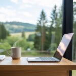 A serene workspace with a laptop, steaming mug, and verdant forest view through a large window, creating a peaceful environment.