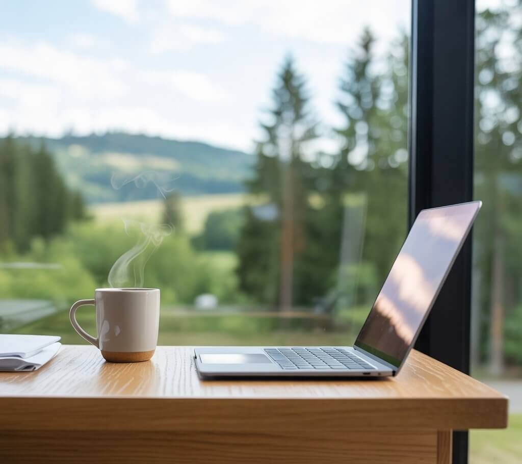 A serene workspace with a laptop, steaming mug, and verdant forest view through a large window, creating a peaceful environment.