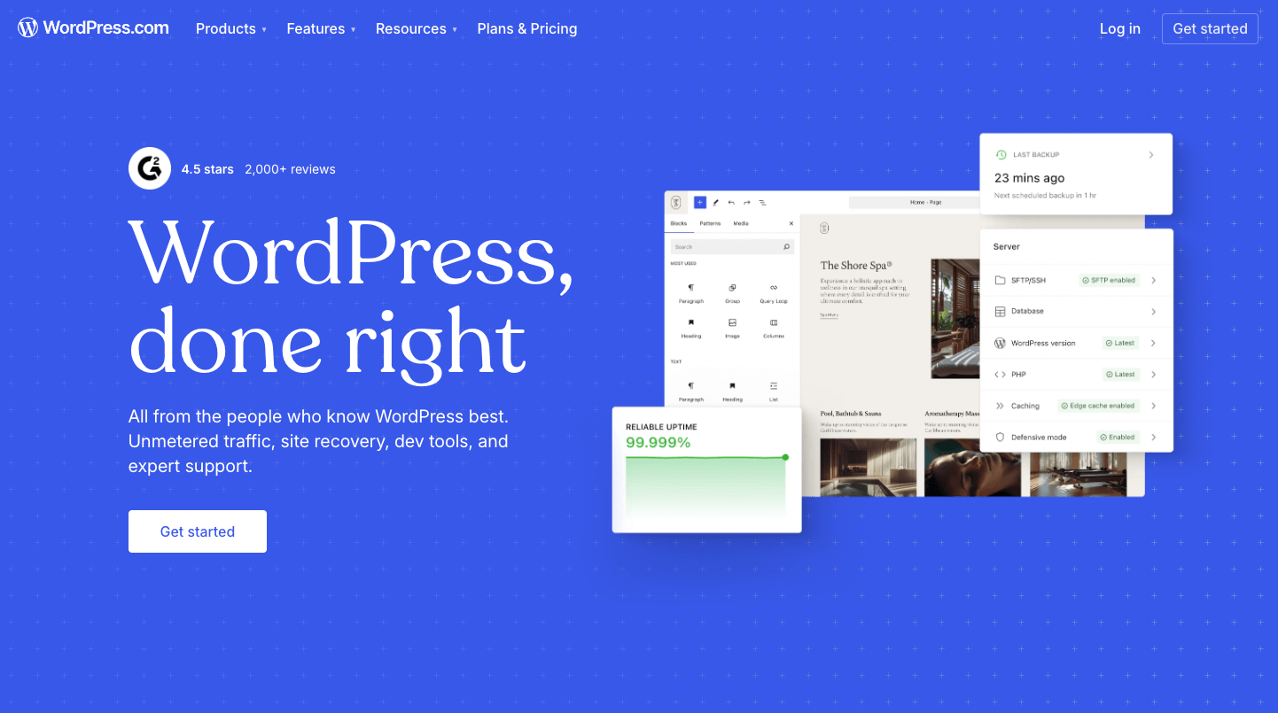 Start a Blog in 2026: A Beginner's Guide to Your WordPress Blog 7 Blue WordPress landing page showcasing high uptime, server status, user interface preview, and call-to-action button, with highlighted features and expert support.