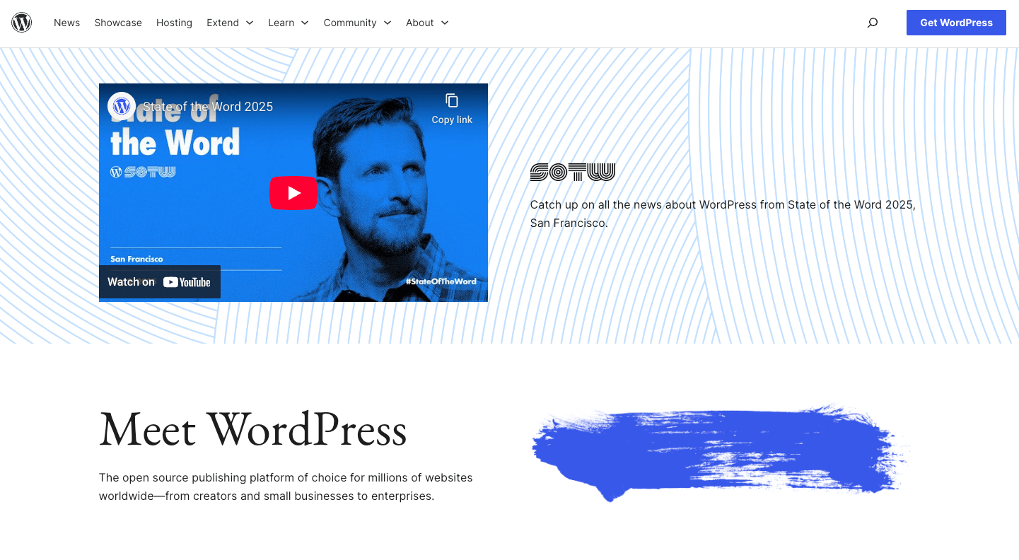 Start a Blog in 2026: A Beginner's Guide to Your WordPress Blog 8 Image promoting WordPress event "State of the Word 2025" in San Francisco. Includes a video thumbnail with a blue-tinted person.