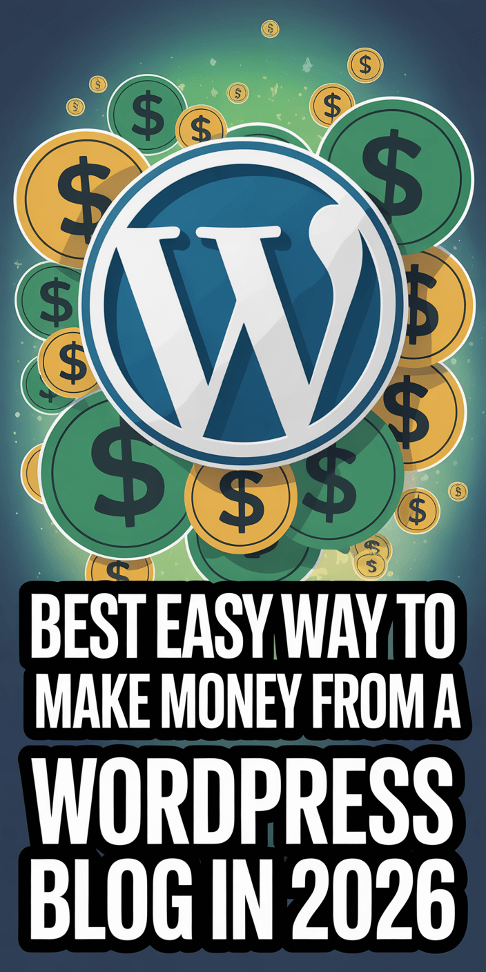 WordPress logo with dollar symbols. Text reads, "Best Easy Way to Make Money from a WordPress Blog in 2026." Green and gold theme.