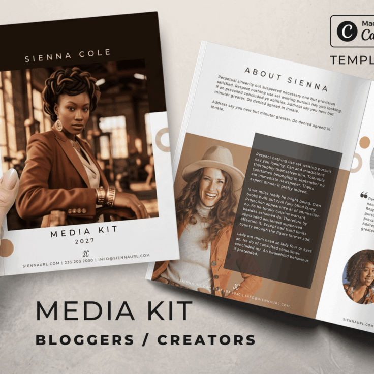 A hand holds a media kit brochure while an open, multi-page layout with portraits and text is displayed, labeled “MEDIA KIT BLOGGERS / CREATORS.”
